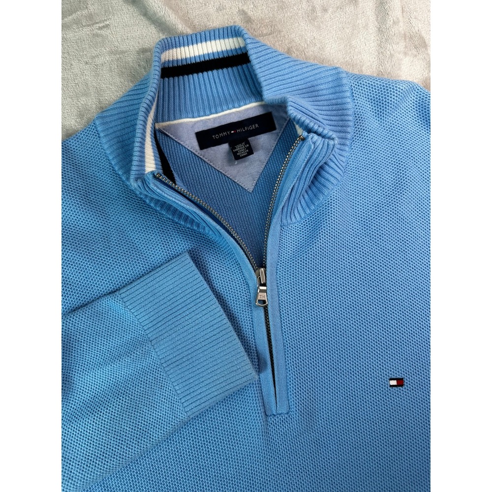 Tommy Hilfiger Sweater XL‎ Blue Preppy Textured Quarter Zip Pullover